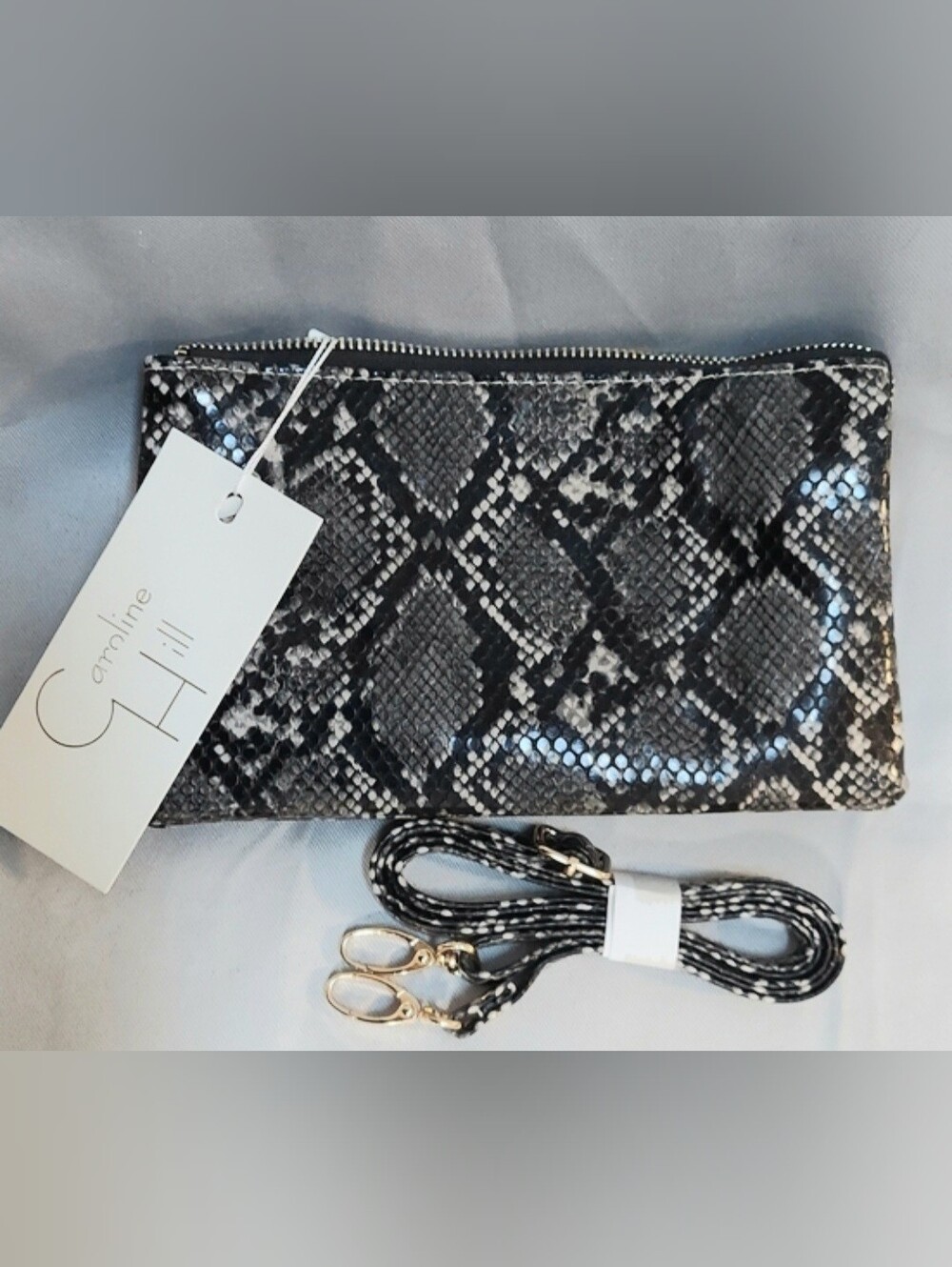 Caroline Hill Organizer Bag, Faux Snakeskin, Gray Black, Crossbody Strap